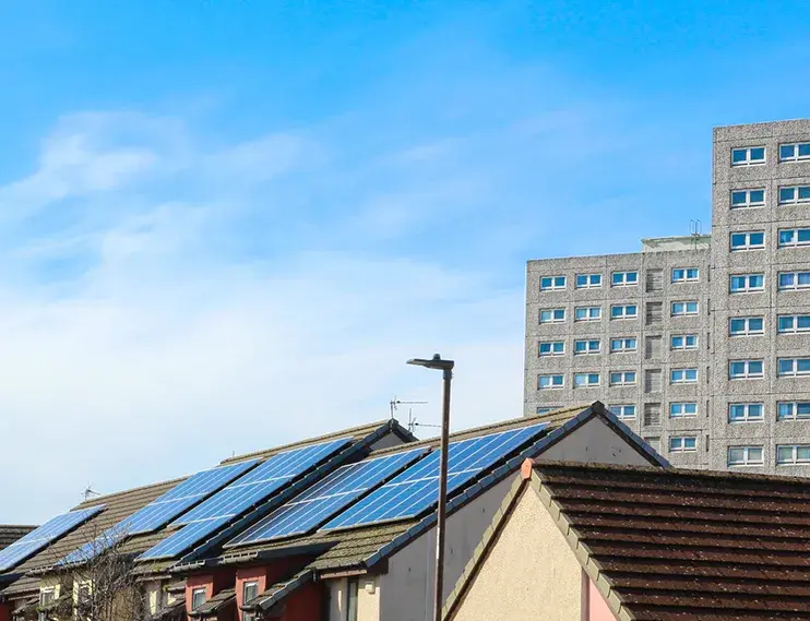 Solar panels displayed across multiple houses