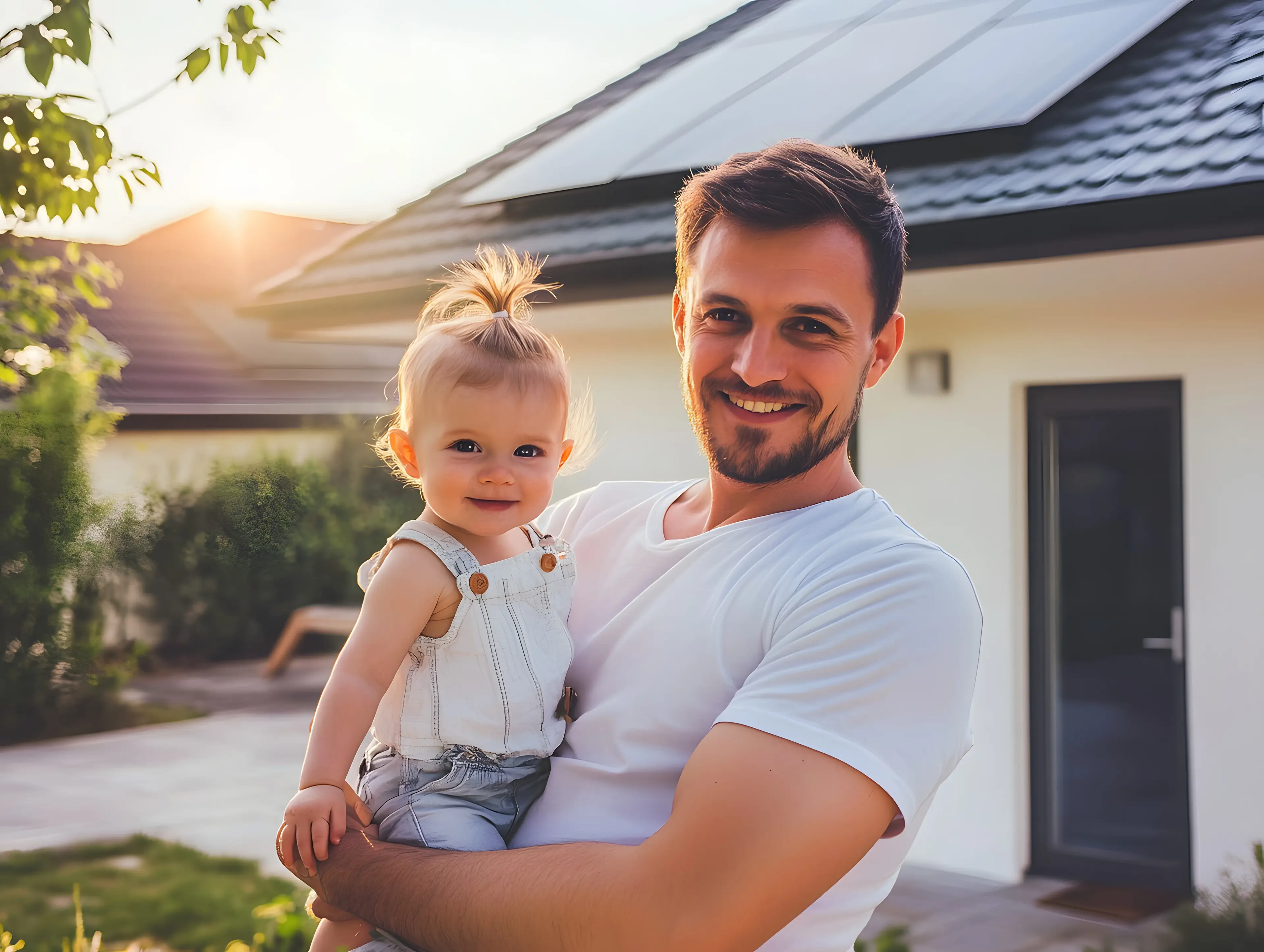 Man and child outside of house with solar panels